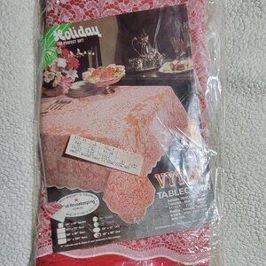Vintage red with lace look vinyl oval tablecloth 60" x 90"